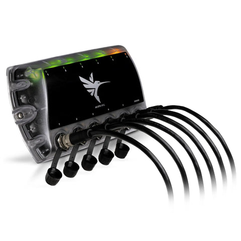 Five Port Ethernet Switch for Fish Finders and Networking Gear Build a Plug and Play XPLORE and AP Network Up to Twenty Units and Expand Like a Boss for Marine Electronics with multiple cables connected, angled view