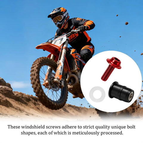 Tough As Nails Ten Piece Motorcycle Windshield Screw Bolt Kit With Red 5mm Mounting Fasteners and Heavy Duty Wrench for Vibration Proof Security and Smooth Highway Cruising, showing red screw and black spacer.