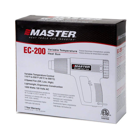 Box of EC200 Variable Temperature Heat Gun 120V 1200W Hot Air Tool featuring product image and specifications.
