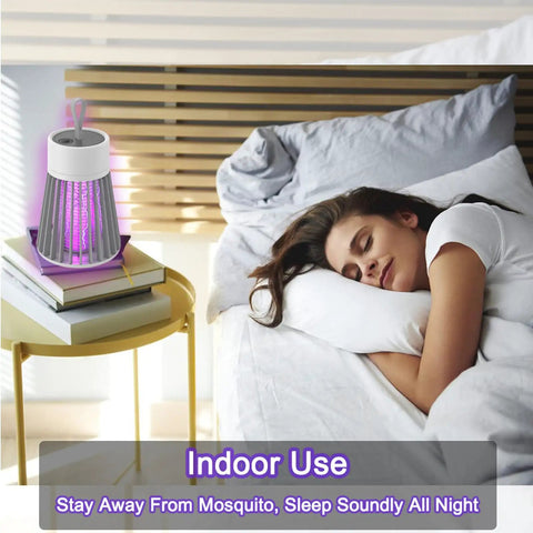 Indoor And Outdoor Electric Mosquito Killer With UV Light next to sleeping woman, showcasing indoor use and design.