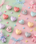 12 Pcs Colorful Ceramic Dresser Knobs With Heart Shape Pulls For Girls Cute Cabinet Handles, multicolor set on pastel background
