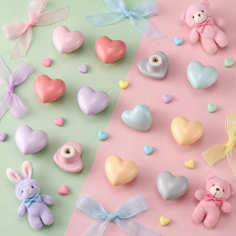 12 Pcs Colorful Ceramic Dresser Knobs With Heart Shape Pulls For Girls Cute Cabinet Handles, multicolor set on pastel background