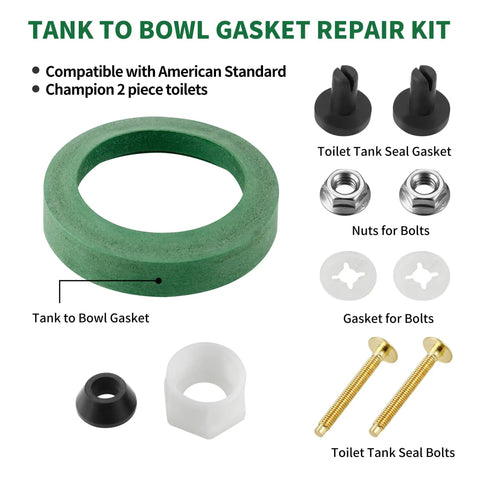 Toilet Tank To Bowl Coupling Kit With 3 Inch Gasket Set Green Washer White Washer Black Ring Long Bolts Hex Nuts And Locking Rings For A No Leak Heavy Duty Tank To Bowl Seal On Most 3 Inch Flush Valve Openings