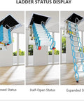 Solid No Hassle Remote Control Electric Attic Pull Down Ladder shown in closed, half-open, and expanded states, blue alloy design.