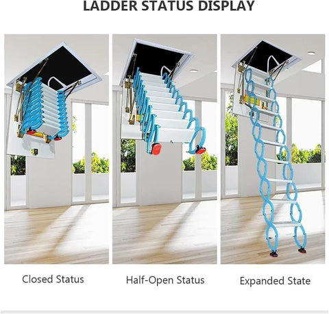 Solid No Hassle Remote Control Electric Attic Pull Down Ladder shown in closed, half-open, and expanded states, blue alloy design.