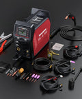 9 In 1 MIG TIG Stick Plasma Cutter Welding Machine With App Control, Dual Voltage 120/240V, accessories and cables displayed