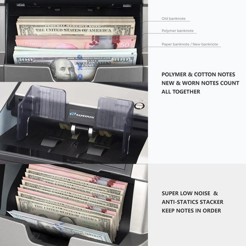 Bank Grade Money Counter For Mixed Denominations With Printer Enabled, Serial Number Tracking And Counterfeit Detection showing notes in tray
