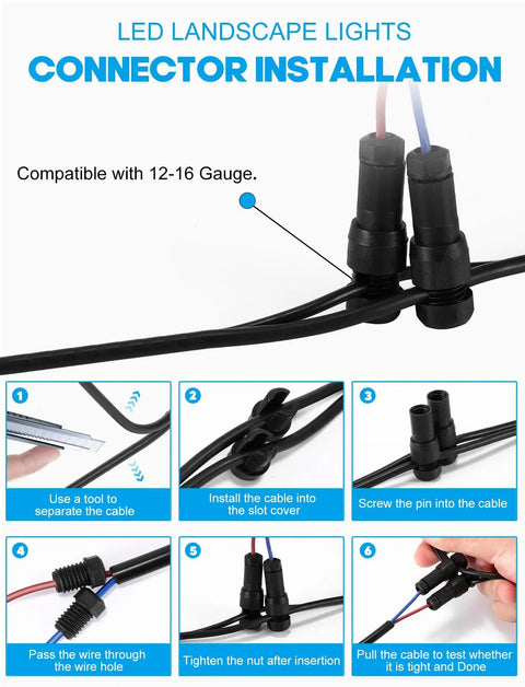 Installation guide for 12W RGBW Color Changing Landscape Lights Low Voltage LED Pathway Spotlights connectors.