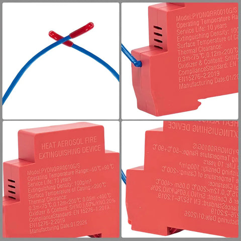 Rock Solid Automatic Aerosol Fire Extinguisher With Advanced Heat Sensor And Quick Flame Detector Tech details on red device.