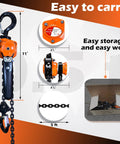Front view of YATOINTO orange lever chain hoist with black grip, 0.25 ton capacity, 5 ft chain and dual hooks
