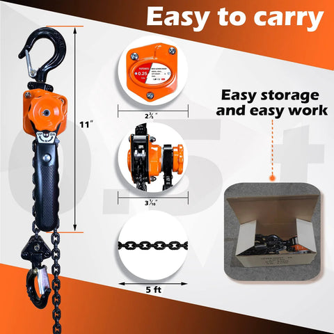 Front view of YATOINTO orange lever chain hoist with black grip, 0.25 ton capacity, 5 ft chain and dual hooks