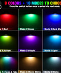 Color modes display of the 12 Pack Dope Solar Deck Lights Outdoor Waterproof Color Changing RGB Wall Fence Lights For Deck Railing Stair Steps And Backyard With Warm White And 8 Color Modes.