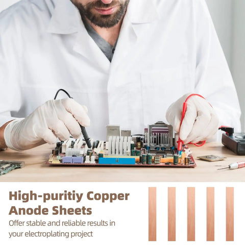Twelve Piece Pure Copper Anode Sheets For Electroplating Strips Sized At Point Zero Zero Four X One X Six Inches Perfect For Diy Plating And Science Projects in use during a project.