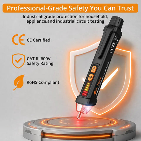 Voltage Tester 12 To 1000V AC Electric Pen With LED Flashlight Non Contact Detection For DIY Home Projects And Go To Pro Electric Work Built In Live Wire Alarm And Easy Audible Alerts, black pen on shield display
