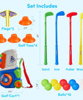 Chill And Swing With This 23 Piece Kids Golf Club Set Featuring Durable Abs Plastic Clubs And Safe Small Balls Smooth Rounded Edges For Easy Indoor Outdoor Play Knockout Birthday Gift For Boys And Girls, includes golf clubs, tees and balls.