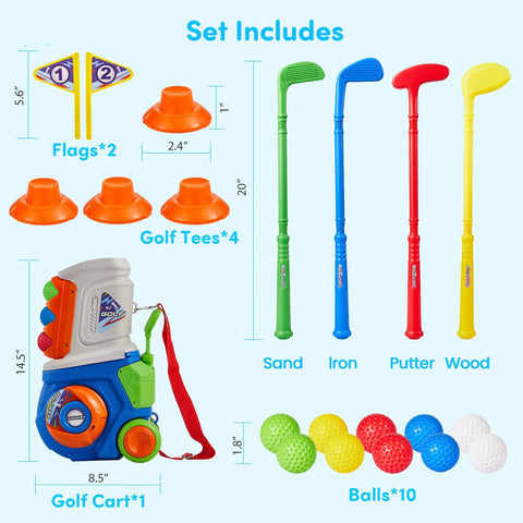 Chill And Swing With This 23 Piece Kids Golf Club Set Featuring Durable Abs Plastic Clubs And Safe Small Balls Smooth Rounded Edges For Easy Indoor Outdoor Play Knockout Birthday Gift For Boys And Girls, includes golf clubs, tees and balls.