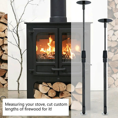Heavy Duty Steel Firewood Measuring Tool With Rock Solid Magnetic Base For Chainsaw Bar Mount Dead Nuts Secure Wood Length Gauge Quick Adjust For Campfire Season And Outdoor Splitting Jobs next to a wood stove.