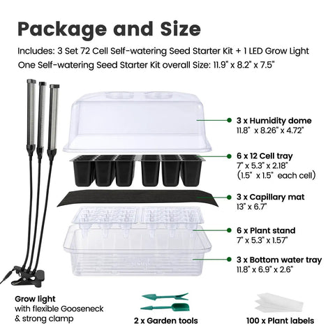 Image showing No-Fuss All-In-One 72 Cell Self Watering Seed Starter Kit with Grow Light, trays, domes, capillary mats, and stands.