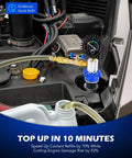 Orion Motor Tech 13pc coolant vacuum refill kit installed in engine bay; blue adapters, brass fittings, gauge.