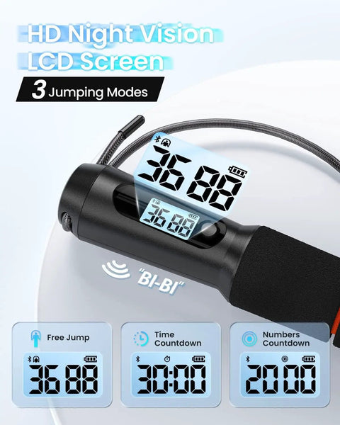 Smart Jump Rope With Counter For Quick Cardio Burn App Data Analysis lightweight skipping rope showing HD night vision LCD screen and modes