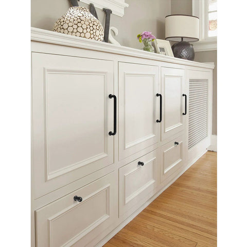Modern kitchen with 10 Pack Matte Black Kitchen Cabinet Pulls 5 Inch Center To Center 128mm Zinc Alloy Solid Round Drawer Handles installed.