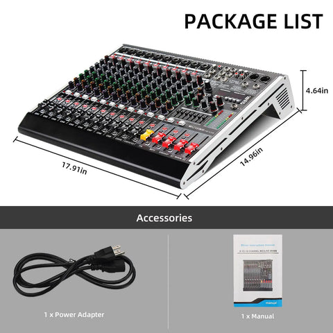Package contents of 12 Channel Audio Mixer for Live DJing and Studio Use, 99 DSP Effects and 7 Band EQ, with power adapter and manual