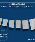 White Poly Mailers 10x13 Pro-Grade Durable Waterproof Tear-Proof Shipping Envelopes hanging on a line, various sizes, 100 pack