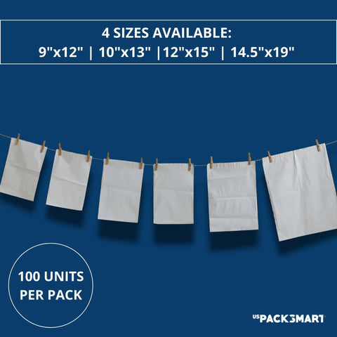White Poly Mailers 10x13 Pro-Grade Durable Waterproof Tear-Proof Shipping Envelopes hanging on a line, various sizes, 100 pack