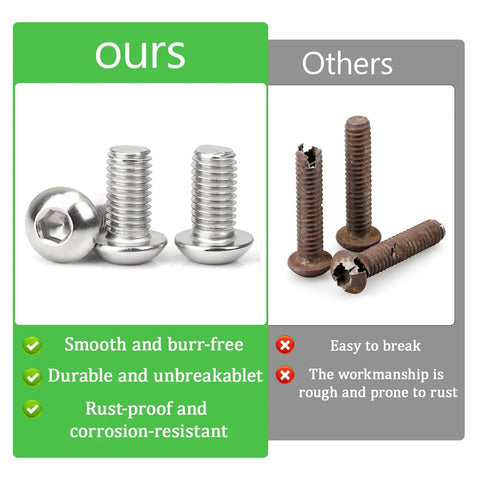 Comparison of 100 Pcs M6 X 10mm Button Head Socket Cap Bolts Made From Rust Busting 304 Stainless Steel with competitor's rusted screws.