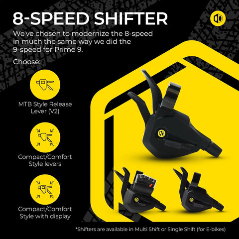 8 Speed Multi Shift Mountain Bike Groupset Beefed Up Kit showing shifters with compact style levers for drivetrain upgrade.