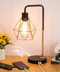 Set Of 2 Touch Control Black And Gold Desk Lamps With 2 USB Ports, Industrial Cage Style Bedside Reading Lamps on wooden desk