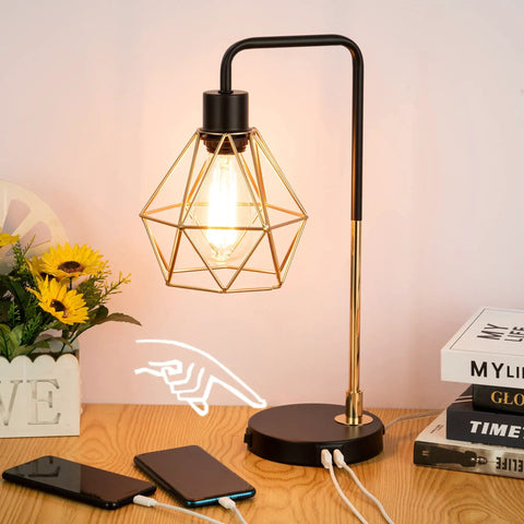 Set Of 2 Touch Control Black And Gold Desk Lamps With 2 USB Ports, Industrial Cage Style Bedside Reading Lamps on wooden desk