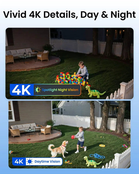 4K Solar Security Cam With 360 Degree Pan Tilt And Auto Tracking, Wire Free Outdoor Cam With 8MP Color Night Vision, 2.4 And 5 GHz Wi Fi 6, No Subscriptions, Home Hub Compatible, Easy Setup capturing day and night outdoor scenes.
