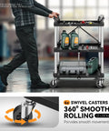 Heavy Duty 3 Tier Folding Utility Cart With Locking Wheels in use in garage, showcasing tiers with tools and supplies