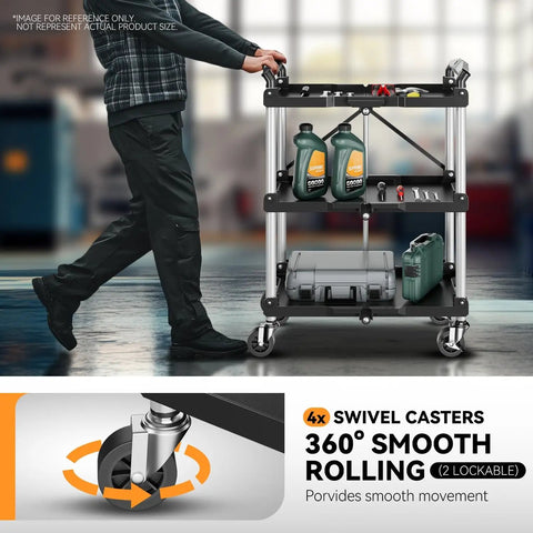 Heavy Duty 3 Tier Folding Utility Cart With Locking Wheels in use in garage, showcasing tiers with tools and supplies