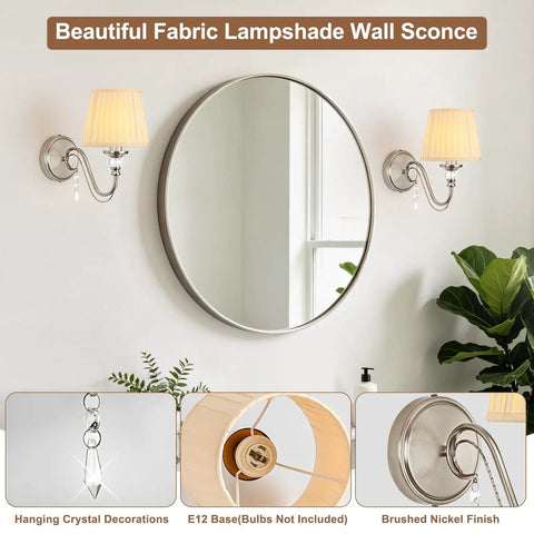 1-Light Brushed Nickel Vanity Light with Beige Fabric, Modern Wall Sconce beside a round mirror, featuring crystal details.