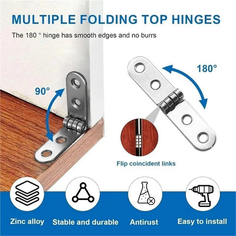 40 Pack 180 Degree Foldable Rounded Corner Screw-On Hinges For Cabinets, Bed Frames And Furniture Hardware shown in two positions
