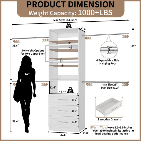 Slick Modular Closet Organizer System With Hella Flexible Span Up To Nine Feet showing dimensions and capacity details.