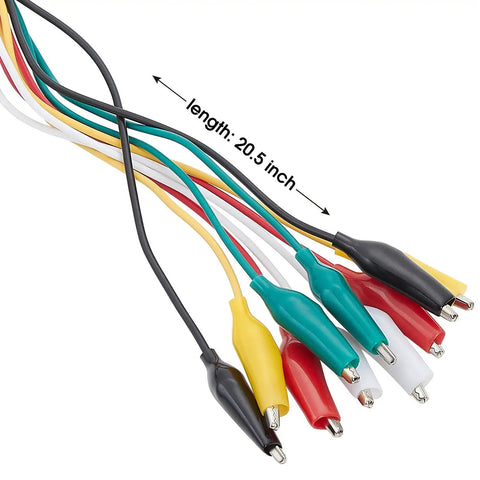 Pro Grade Test Lead And Alligator Clip Set With 20.5 Inch 22 AWG Wires, Five Color Colorway Green White Black Yellow Red, Nickel Plated Clips With PVC Insulators And Heavy Duty Springs, 2 Pack 20.5-inch multicolor test leads with PVC-insulated clips
