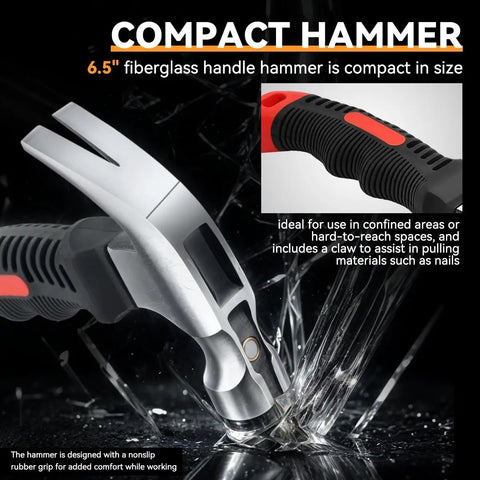 6.5 in compact hammer with non slip fiberglass handle, chrome plated for durability, shown on shattered glass background.