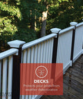 Deck with New England style brown 4x4 pyramid post cap for outdoor fences and decks, fits 3.5x3.5 to 3.75x3.75 posts.