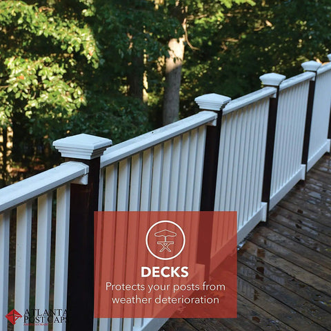 Deck with New England style brown 4x4 pyramid post cap for outdoor fences and decks, fits 3.5x3.5 to 3.75x3.75 posts.