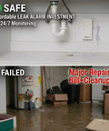 Water Leak Sensor Alarm For Basement And RV Moisture Detection in use under sink and flooded basement comparison image
