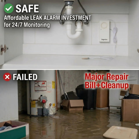 Water Leak Alarm Sensor Kit For Home Basements And RVs With 120dB Loud Battery Operated Alarm Sump Pump Overflow Moisture Floor Sensor Flood Detection In A 2 Pack, showing installed sensor under sink and flooded basement with boxes.