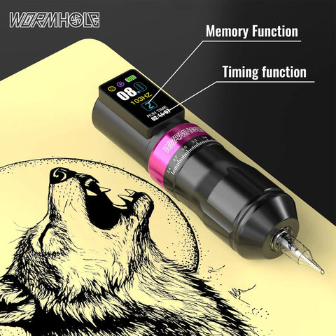 Wireless Tattoo Gun Kit With 2300mAh Batteries, 7 Adjustable Stroke Rotary Machine featuring digital display on yellow pad