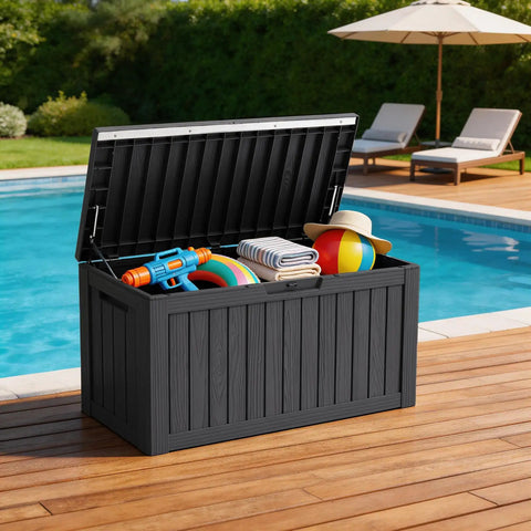 90 Gallon Waterproof Deck Box With Lockable Lid For Patio Storage Cushions Pool Gear Garden Tools And Packages Weatherproof Resin Outdoor Storage Bench by pool