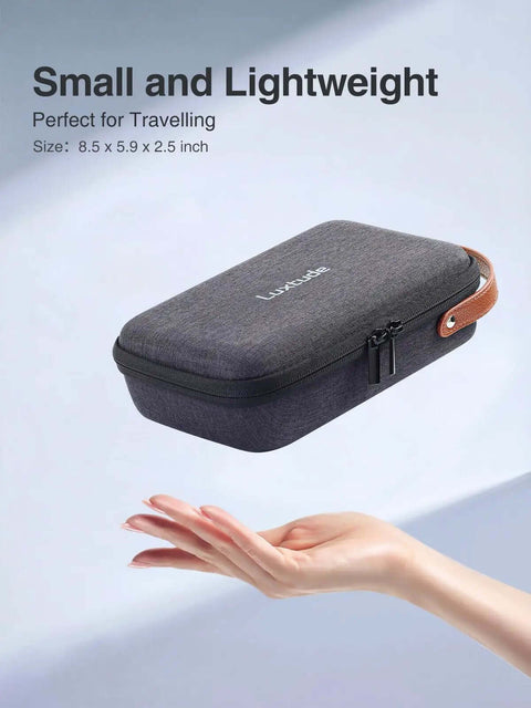 The Ultimate Go To Tech Organizer Travel Case For Portable Electronics And Daily Cord Management Featuring A Smooth Leather Handle Compact Fit shown in hand for size reference.