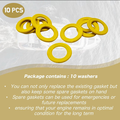 10 Pack Gearcase Drain Plug Seal Gasket Kit For Mercury Mariner MerCruiser Outboard Drives And Driveshaft Gear Housing Oil Drain Plug Replacements 26 830749 8M0204693 in yellow, showing 10 round gaskets against a boat background.