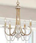 Gold Farmhouse Wood Chandelier For Dining Room with distressed white finish and antique brass accents, 5-light pendant