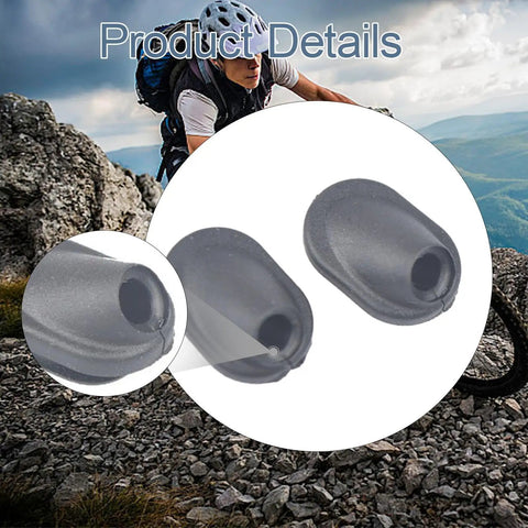 Two Pack Internal Cable Routing Grommets for Bike Brake and Shifter Housing, black rubber, with mountain biking background